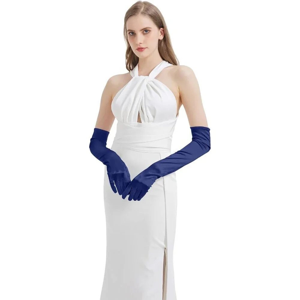 Women's Navy Blue Imported Satin Elbow Length Halloween Cosplay Opera Gloves
